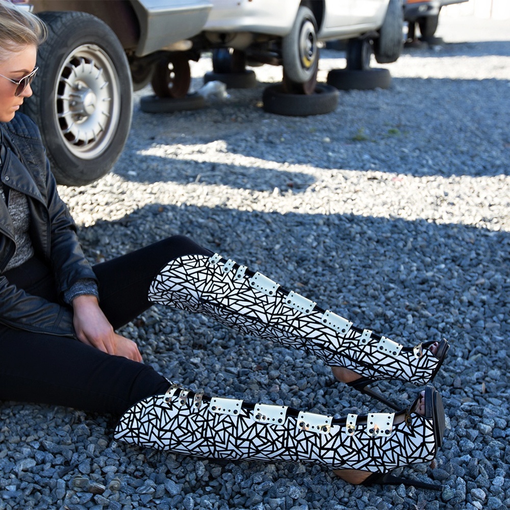 PRIVILEGED Black White Knee High Boots